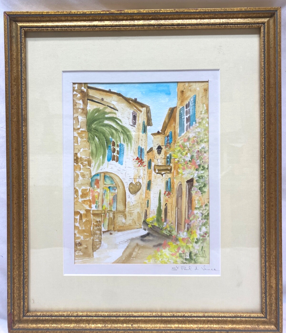 St Paul de Vence Mona Edulesco Original Watercolor 13x15" framed